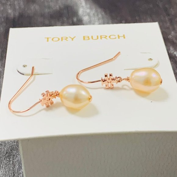 Tory Burch Earrings Kira Pearl Drop Earrings 12MM Peart Logo Rose Gold - Picture 2 of 11